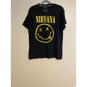 Nirvana Black T-Shirt Yellow Smiley Face Print Men’s Large Grunge Rock